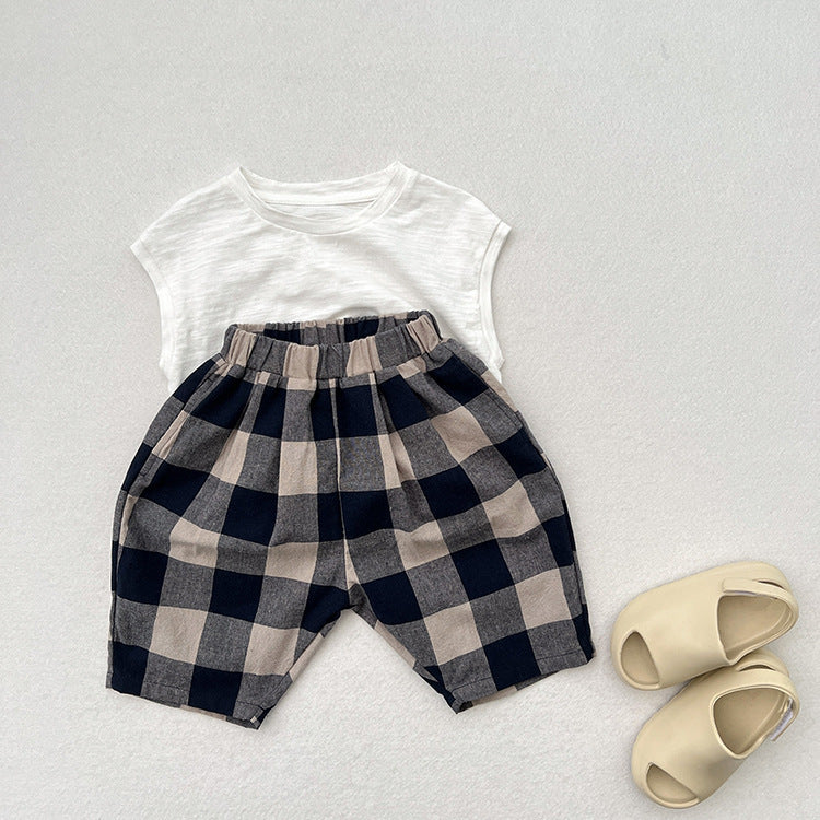 Retro Blue Plaid Casual Capri Pants Children's Middle Pants