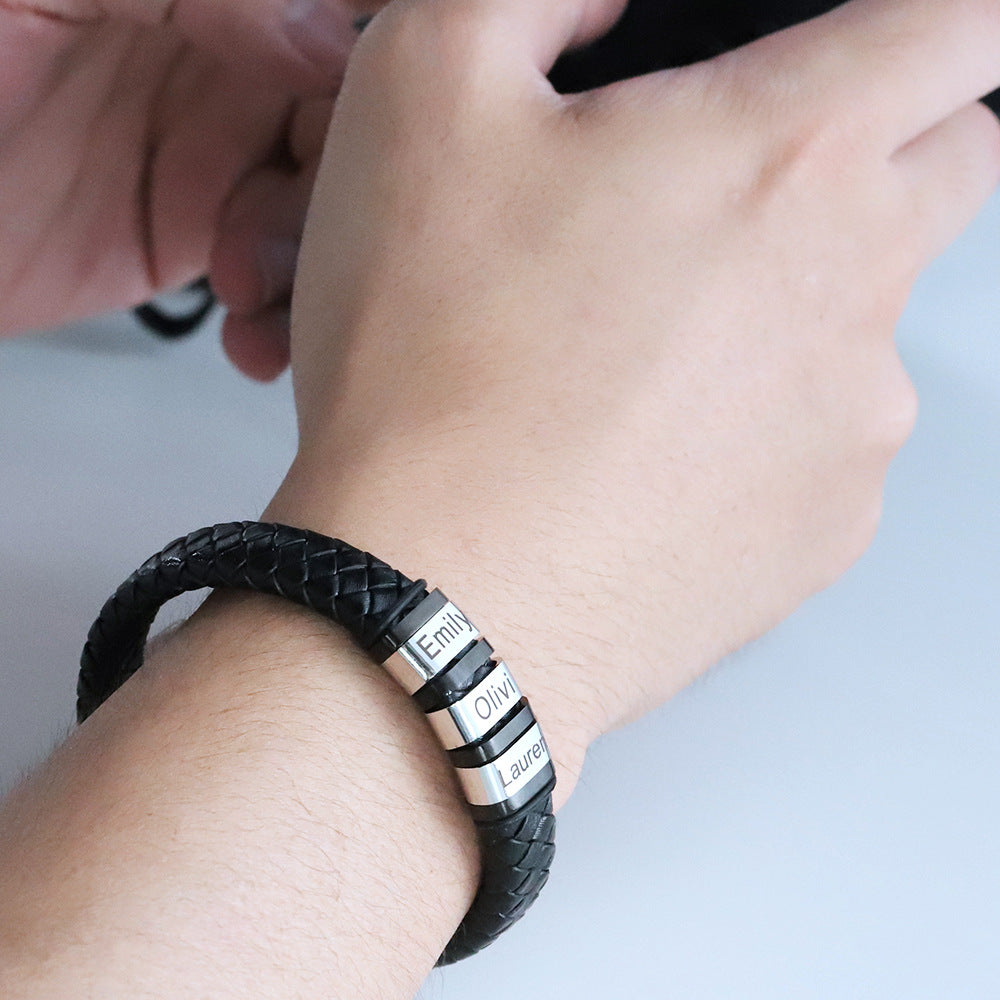 Personalized Men Name Leather Bracelet Black Woven