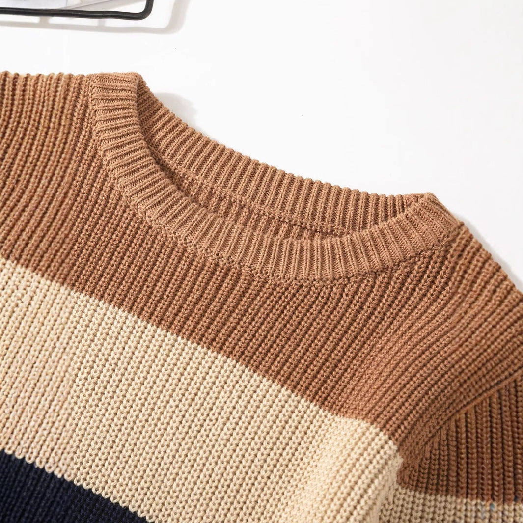 Cozy Kids Knit Sweater - Soft Stretchable Striped Pullover For Boys & Girls, Warm Winter Casual Wear, Breathable Cotton Blend