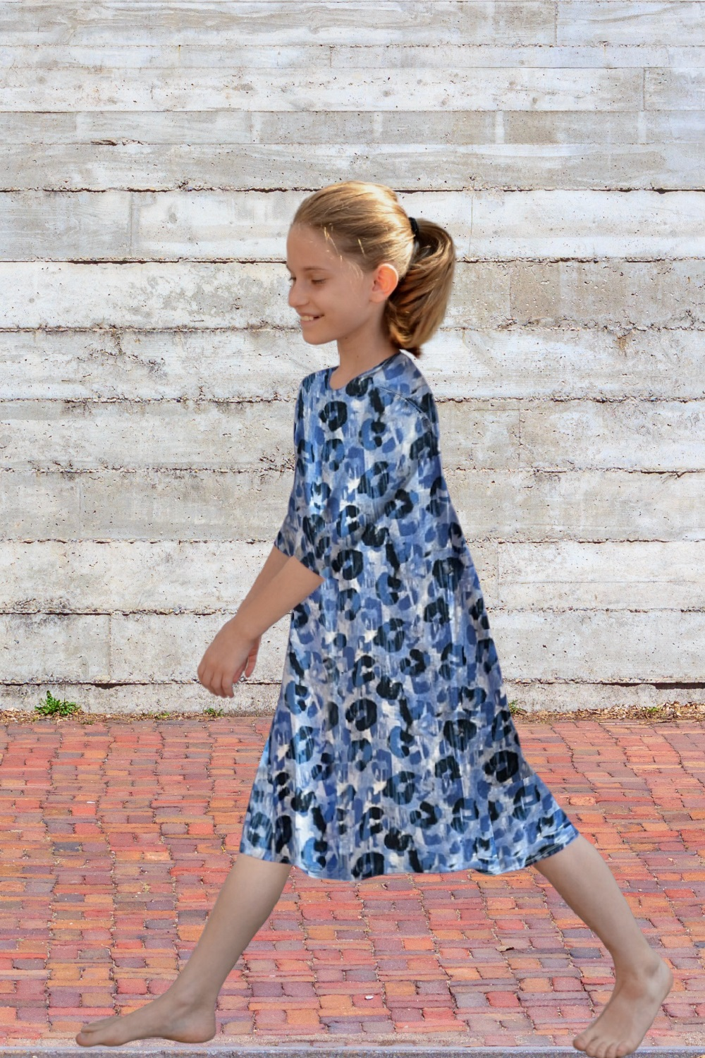 Girls' Easy Pull-On A-Line T-Shirt Dress with 3/4 Sleeves