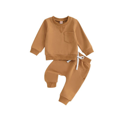 Solid Color Boy Letter Printed Round Neck Long Sleeve Trousers Suit