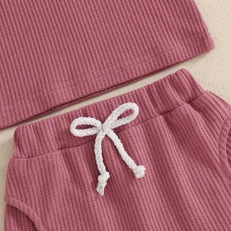 Girls Fashion Letter I Embroidery Waffle Suit