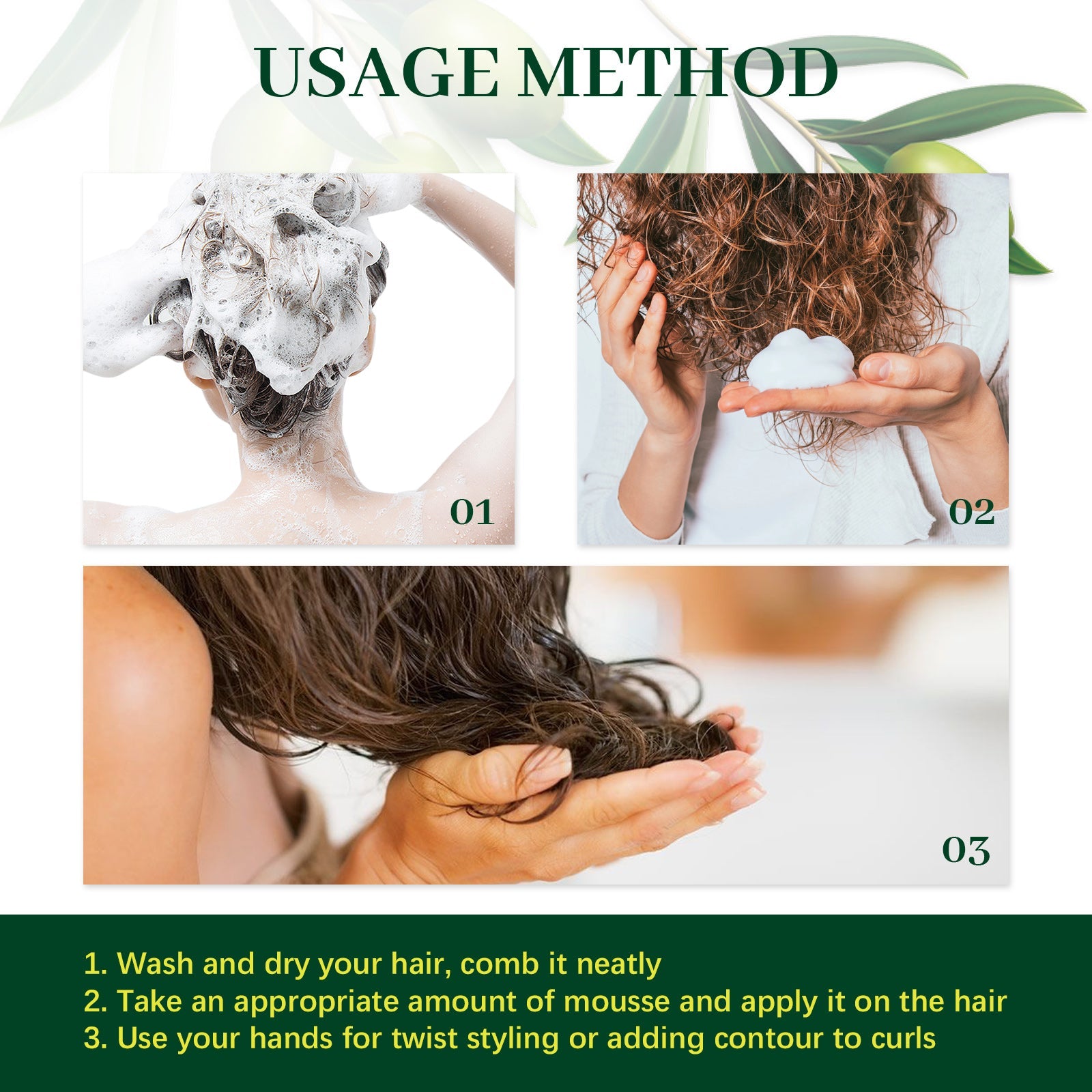 Olive Oil Hair Hold Mousse, Curly Hair Styling Moisturizing And Curling Style Durable Frizz Proof Mousse