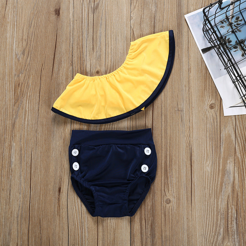 Girls Summer Split Slanted Shoulder Ruffled Candy Color Swimsuit