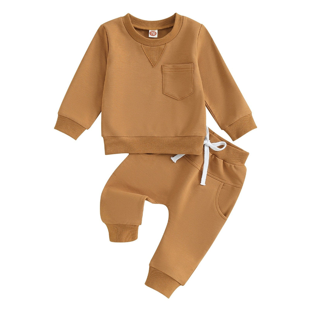 Solid Color Boy Letter Printed Round Neck Long Sleeve Trousers Suit