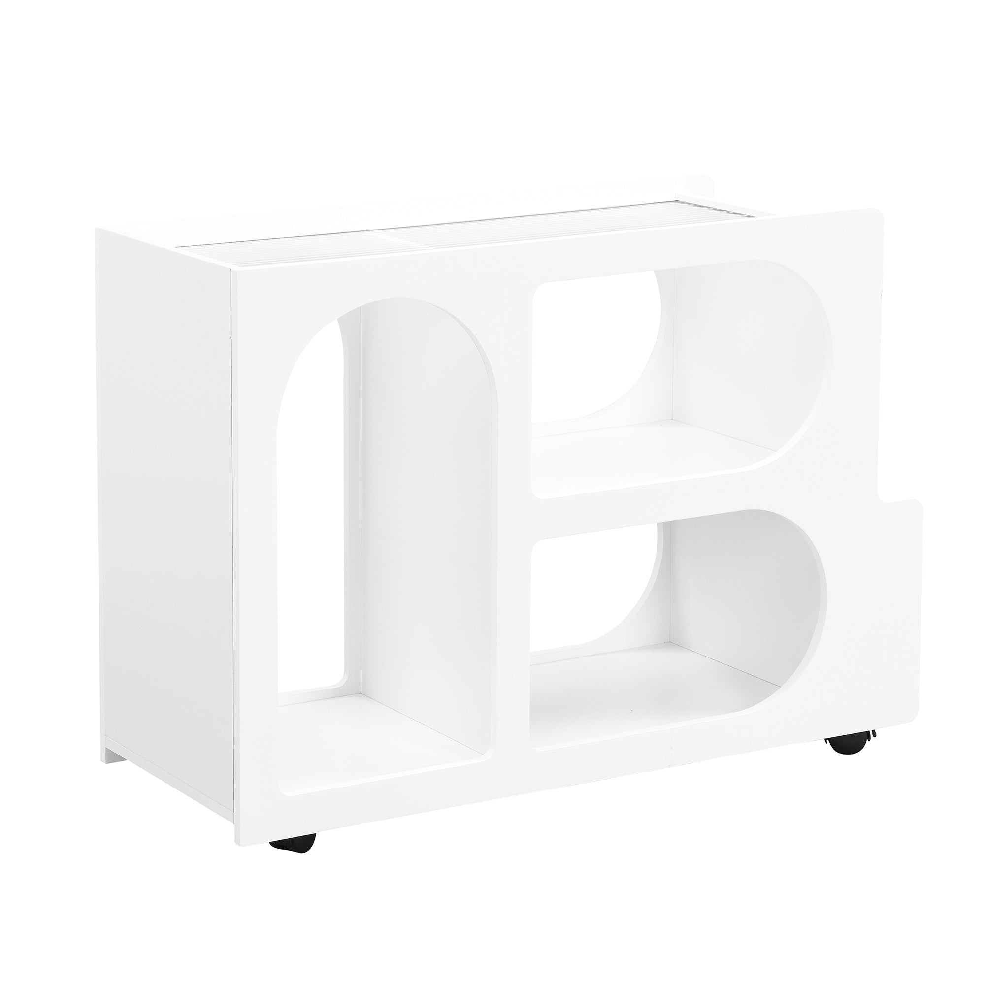 Stylish mobile desk with lockable wheels, white bedside table with 5mm thick grooved tempered glass and gold round bars