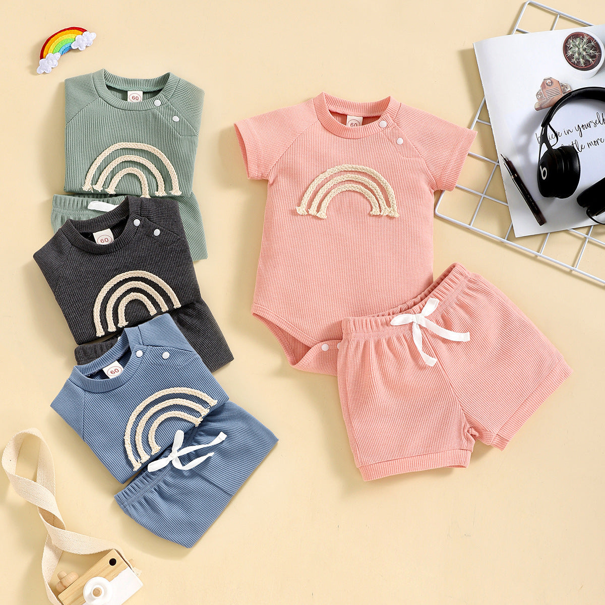 Rainbow Waffle Four-color Side Button Short Sleeve Baby Bodysuit Shorts Suit