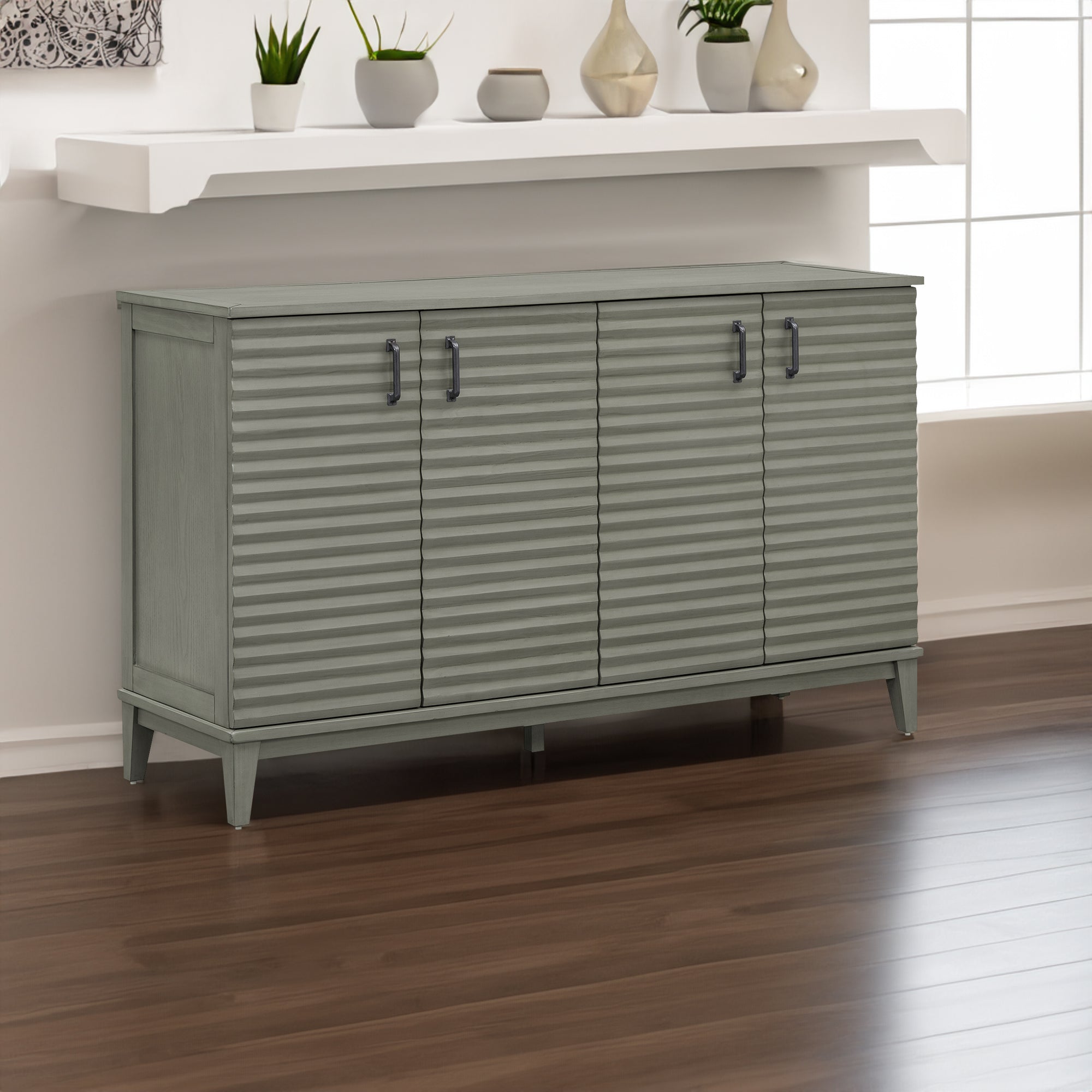 TREXM side panel with 4-door large storage buffet, adjustable shelves and metal handles (antique gray)