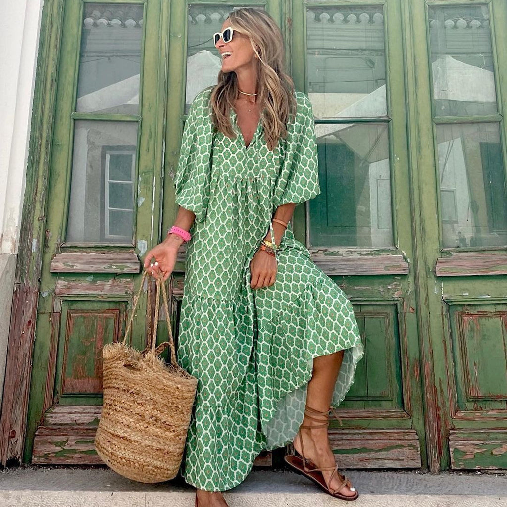 PURPLE Summer Women's Vintage Printed Bohemian Dress Elegant Ladies Casual Loose V-Neck Short Sleeve Long Dresses