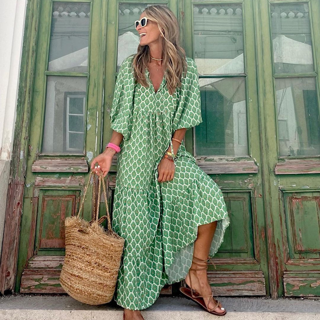PURPLE Summer Women's Vintage Printed Bohemian Dress Elegant Ladies Casual Loose V-Neck Short Sleeve Long Dresses