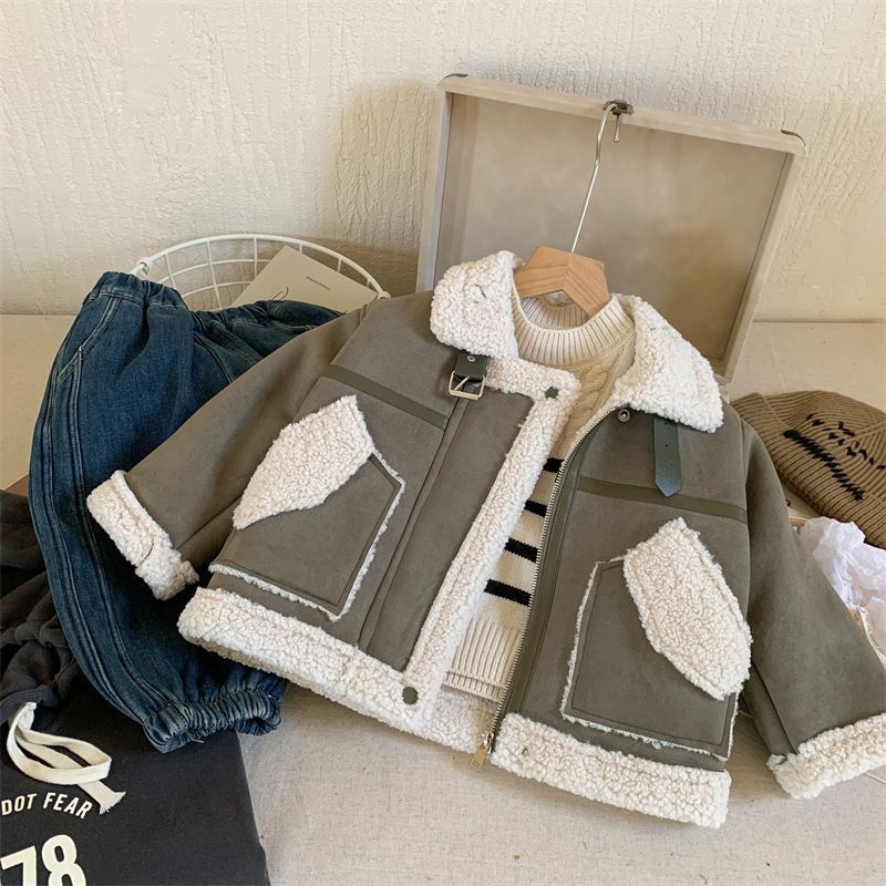Girls Fleece-Lined Coat Winter Kids Lambswool Top