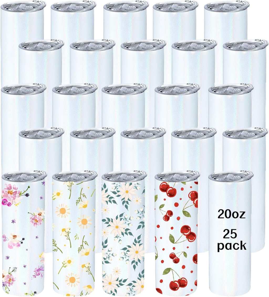 Sublimation 25 Pack 20oz Blank Glitter Holographic Straight Stainless Tumblers Tumbler Coffee Cup w/straw, & box