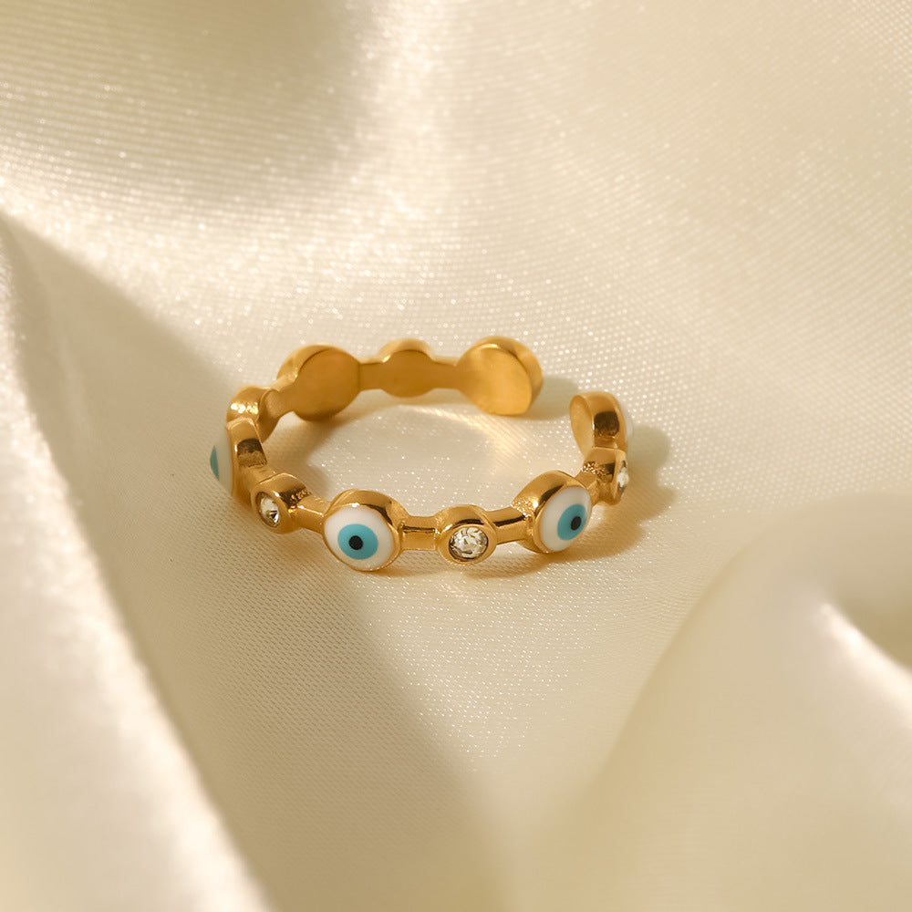18K gold-plated stainless steel devil eye open ring Fashionable and versatile titanium steel ring for women