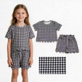Short sleeves black plaid scallop top shorts girls team outfits