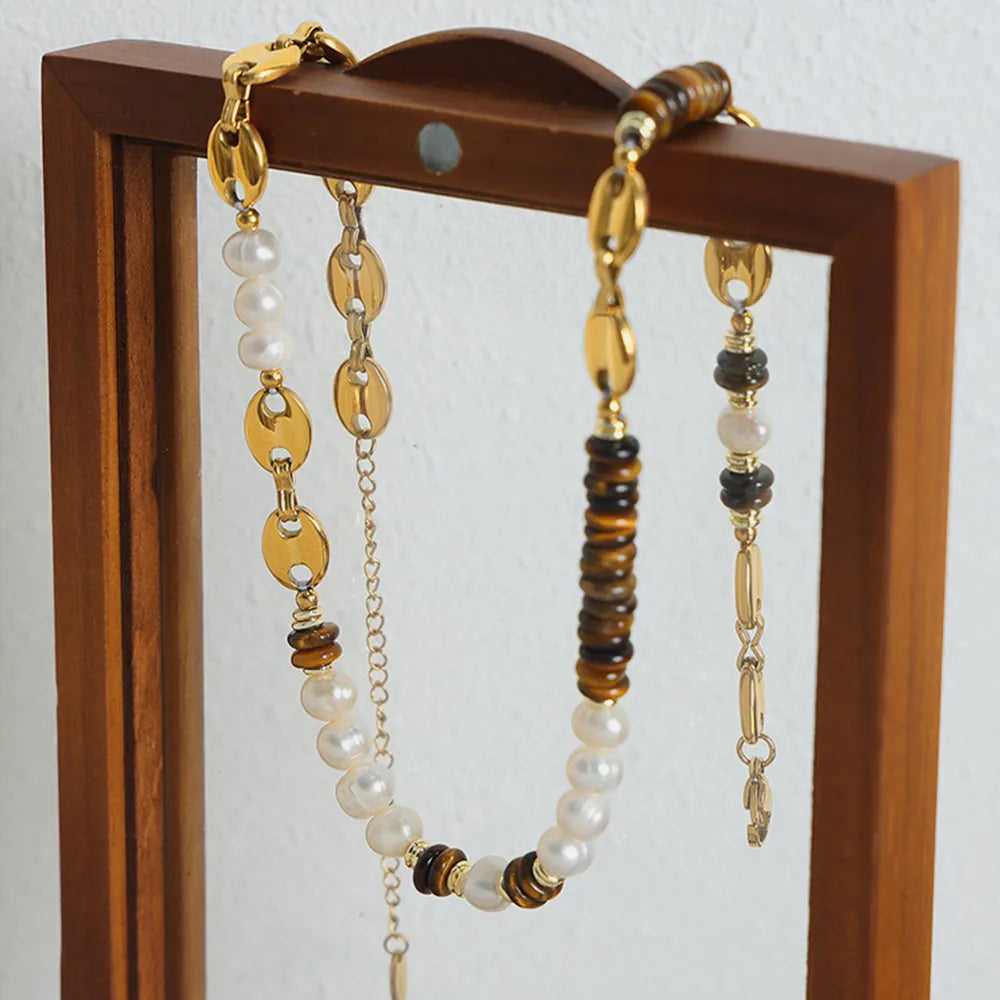 Versatile Light Luxury Titanium Steel Freshwater Pearl Tiger Eye Stone Pig Nose Chain Necklace Jewelry for Women