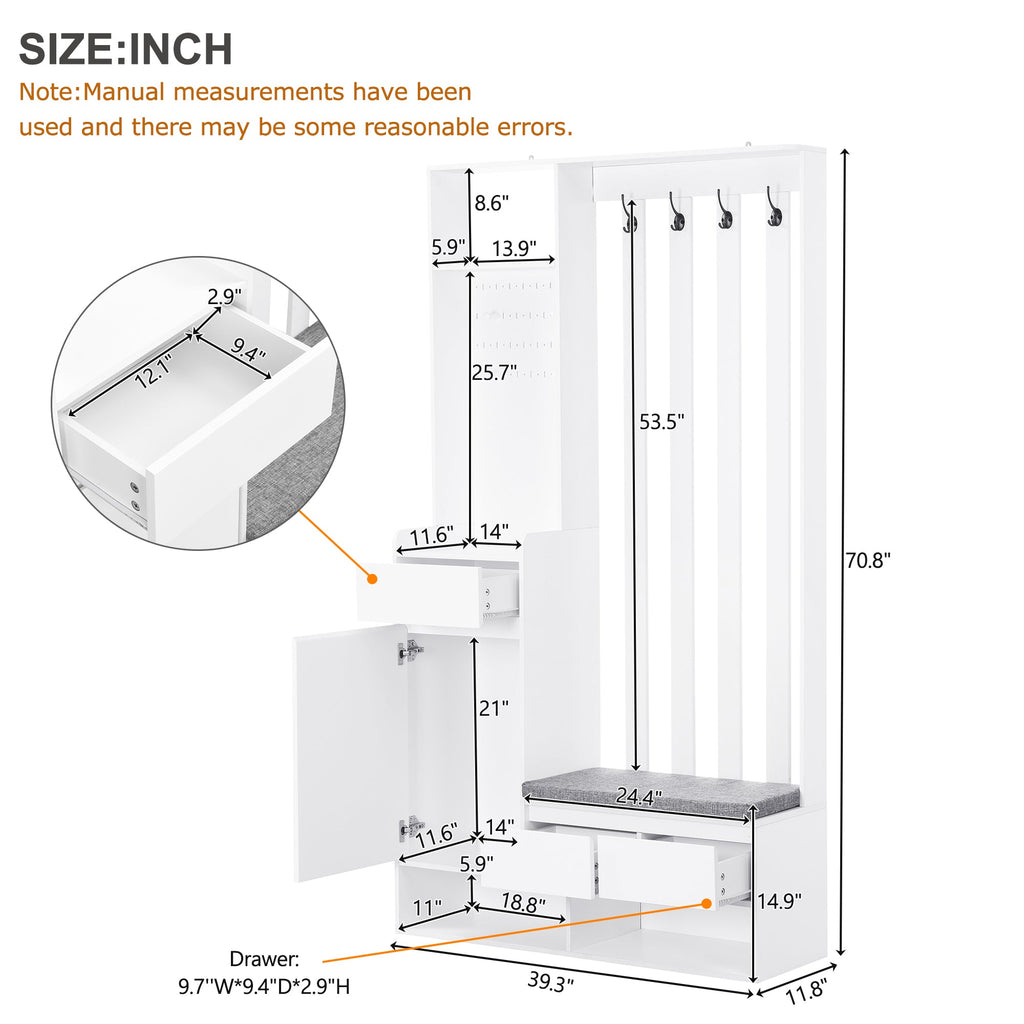39.3'W70.8'H multifunctional corridor shoe cabinet with soft padded nail board and white clothes hanger with entrance hook