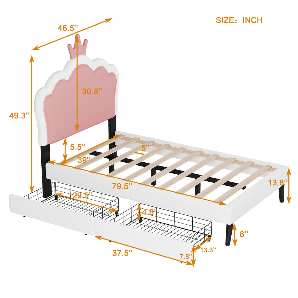 Twin cushion princess bed with crown headboard and 2 drawers with headboard and footrest, pink+white