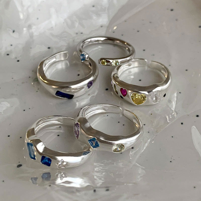 Dopamine love colored zircon diamond ring female niche index finger high-end fashion personality open ring
