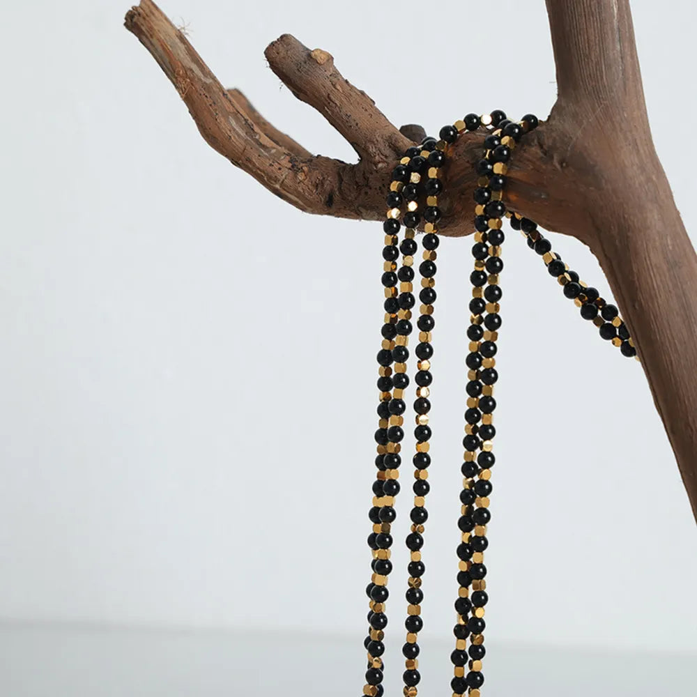 Square titanium steel gold-plated natural black agate stone handmade bead necklace jewelry for women