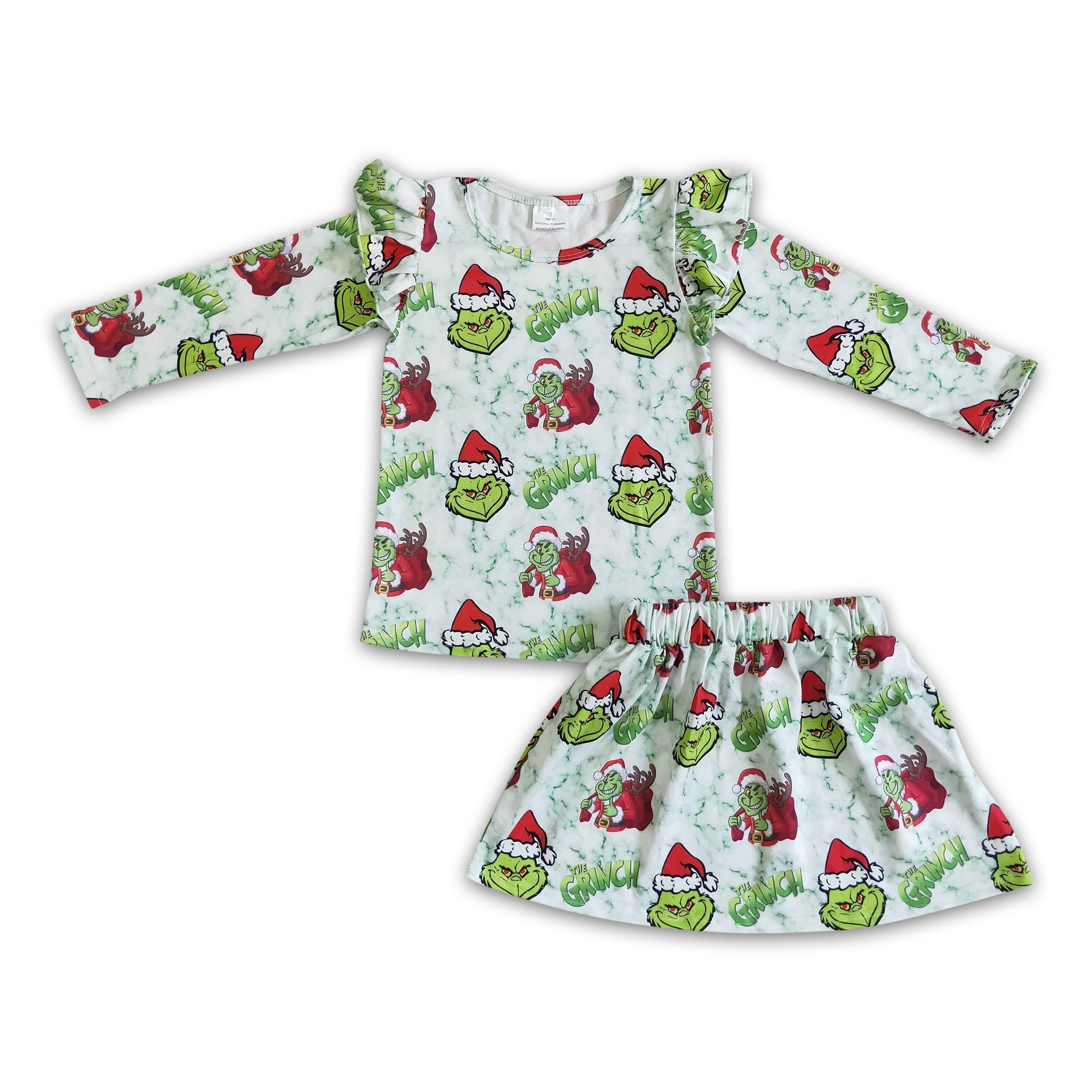 Green face long sleeve shirt skirt kids girls Christmas set