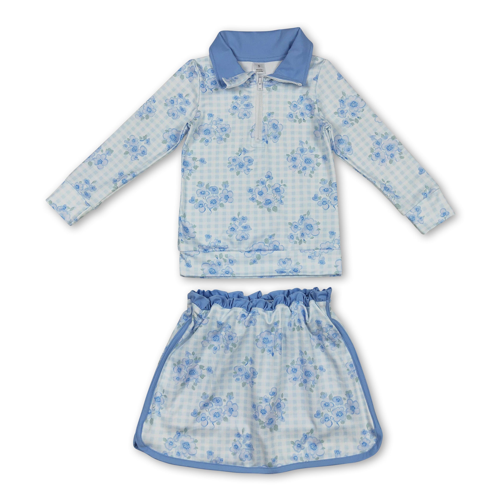 Long sleeves light blue floral pullover skirt girls clothes