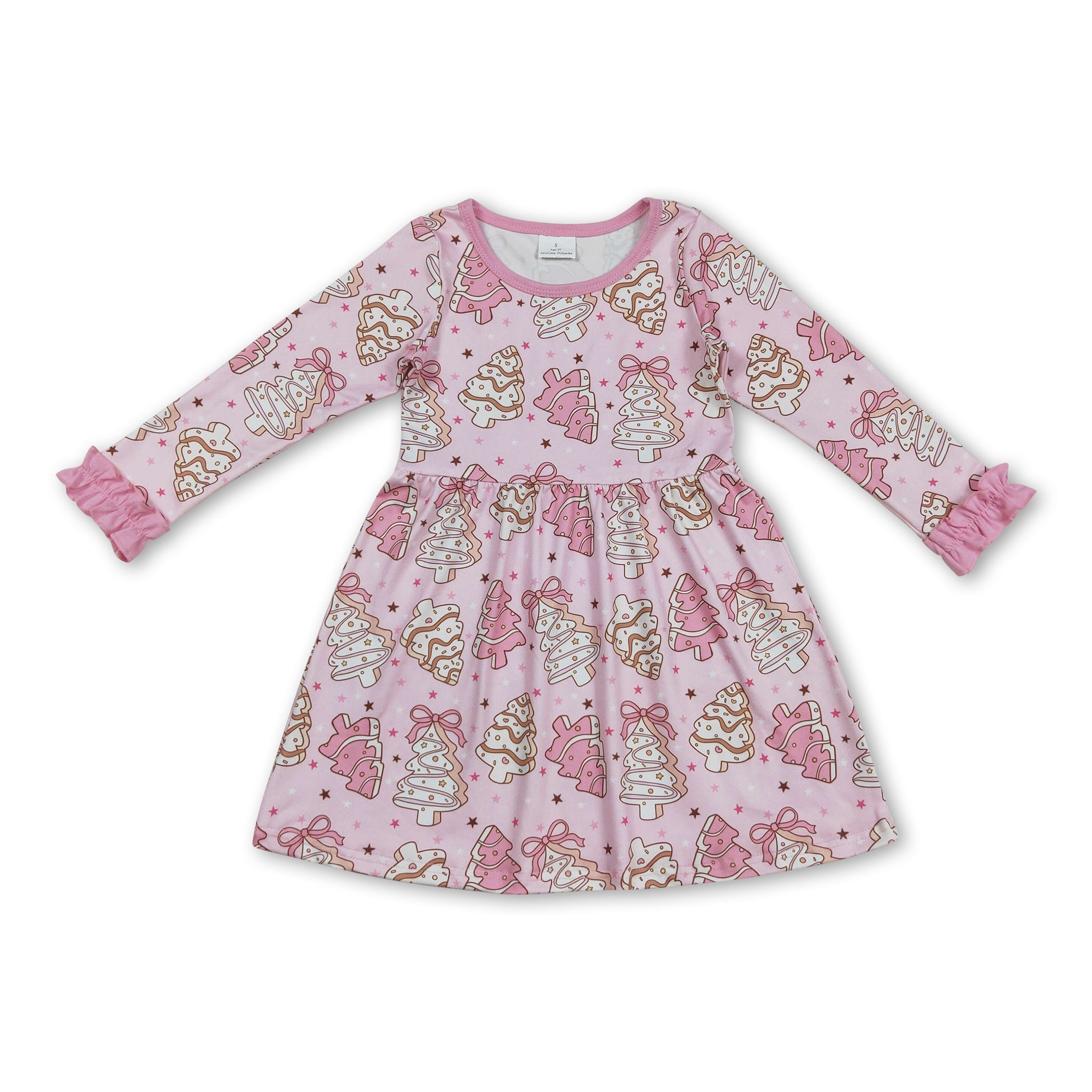 Pink bow long sleeves Christmas tree cake girls dresses