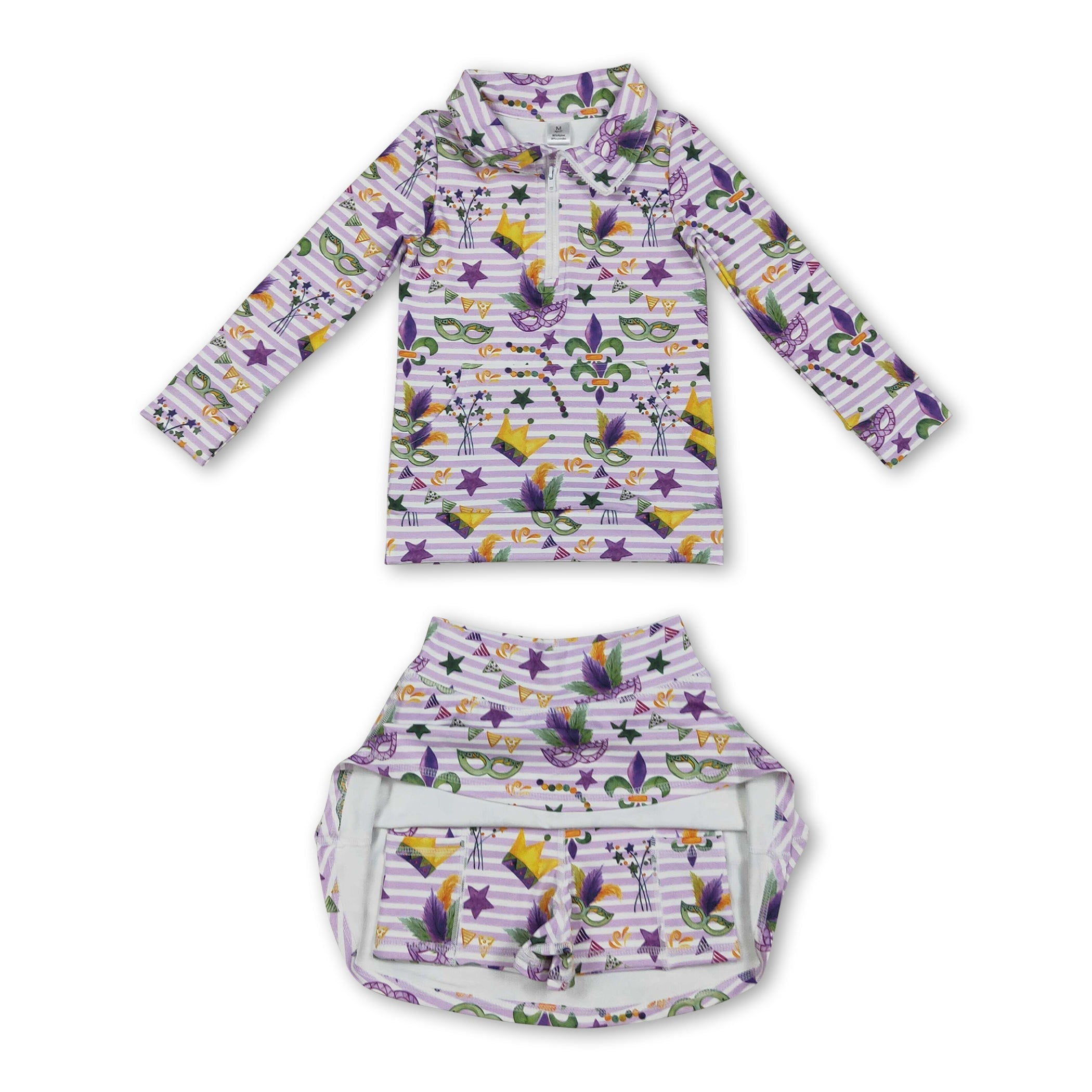 Purple stripe crown pullover skirt girls Mardi Gras active set