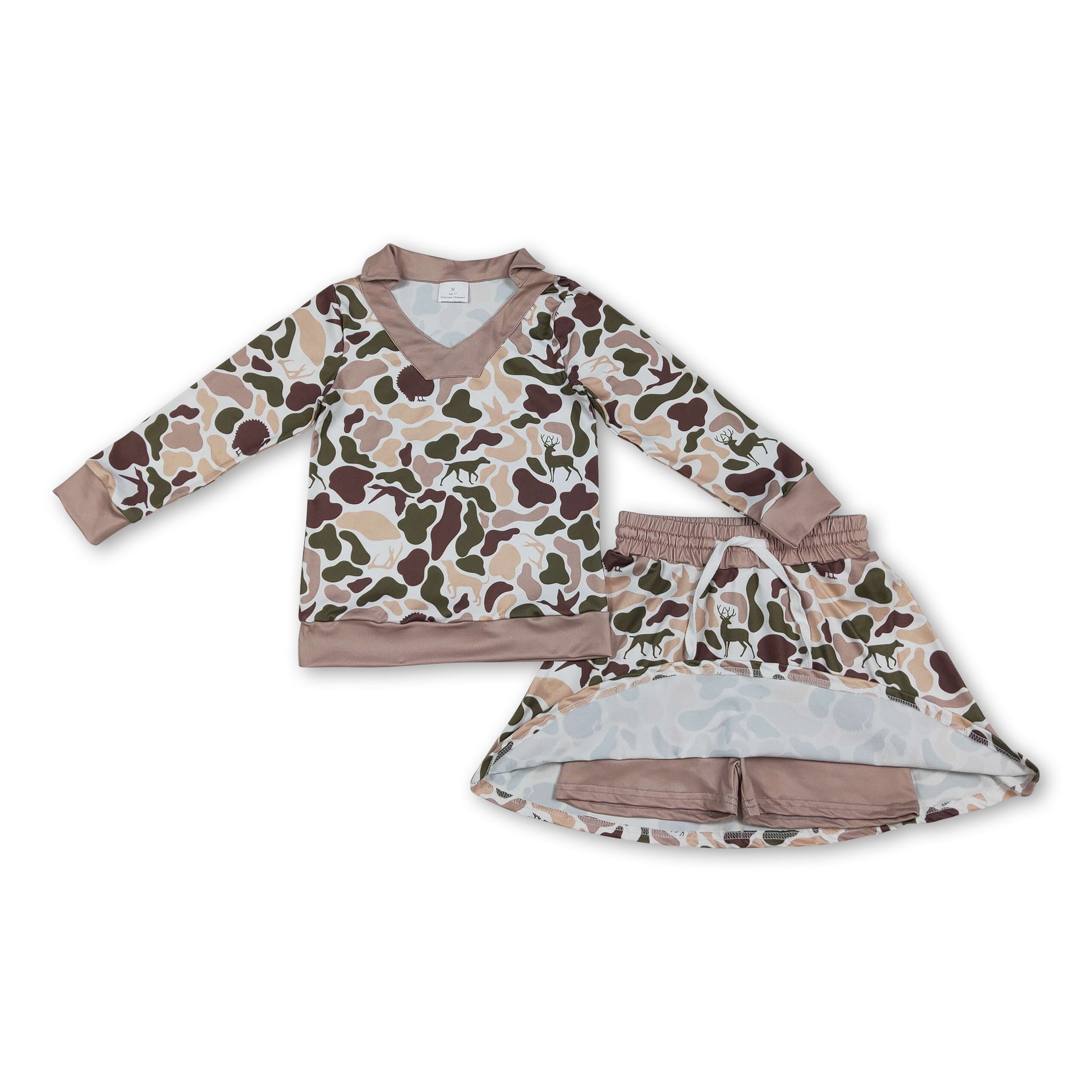 Long sleeves hunting camo top skirt girls clothing set