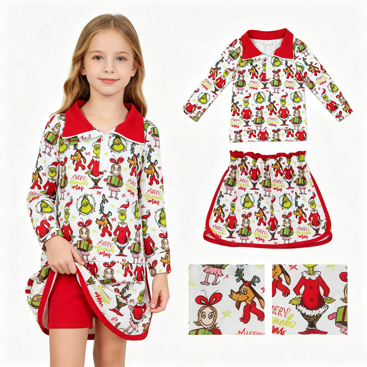 Green face gift pullover skirt girls Christmas outfit