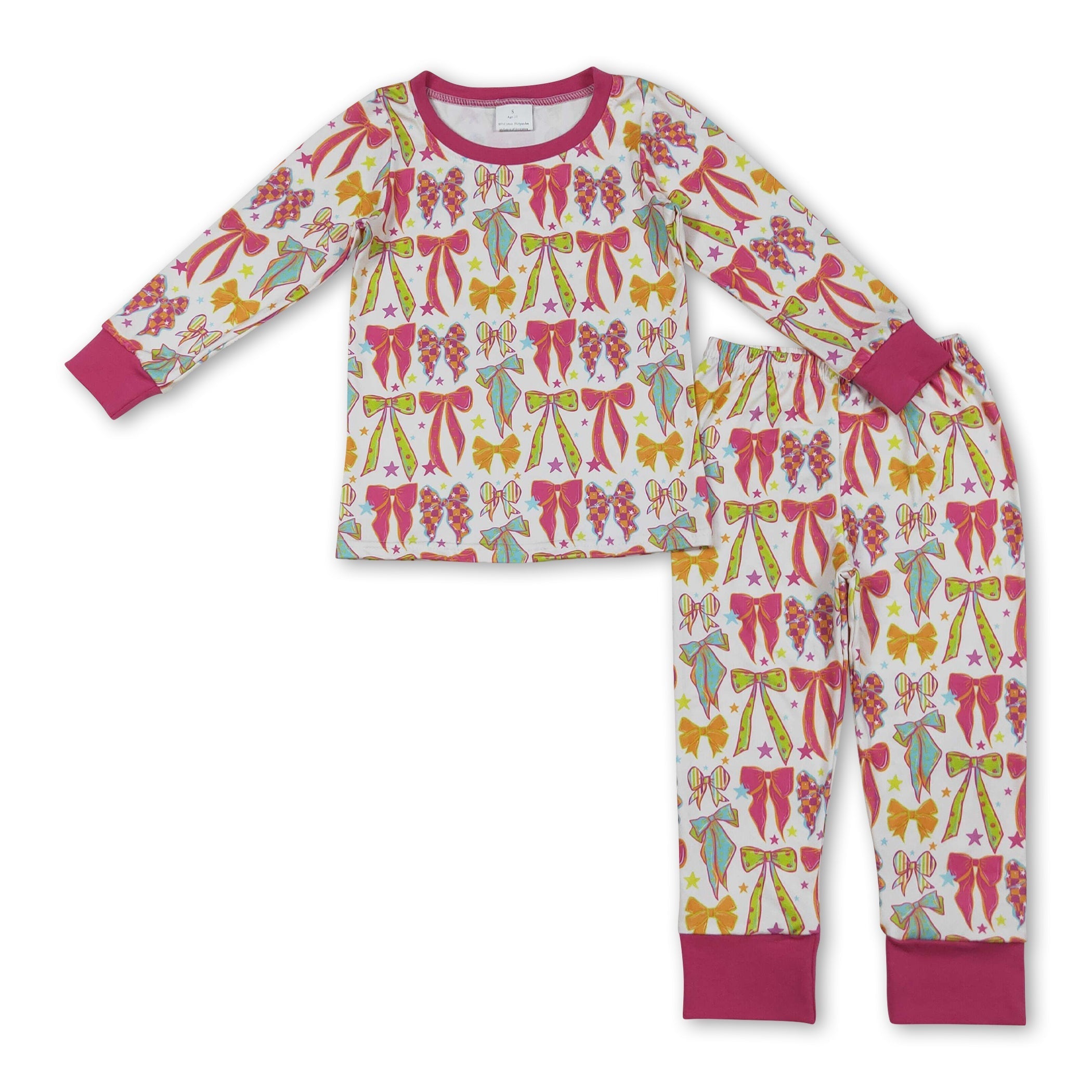 Long sleeves colorful bow top pants kids girls pajamas