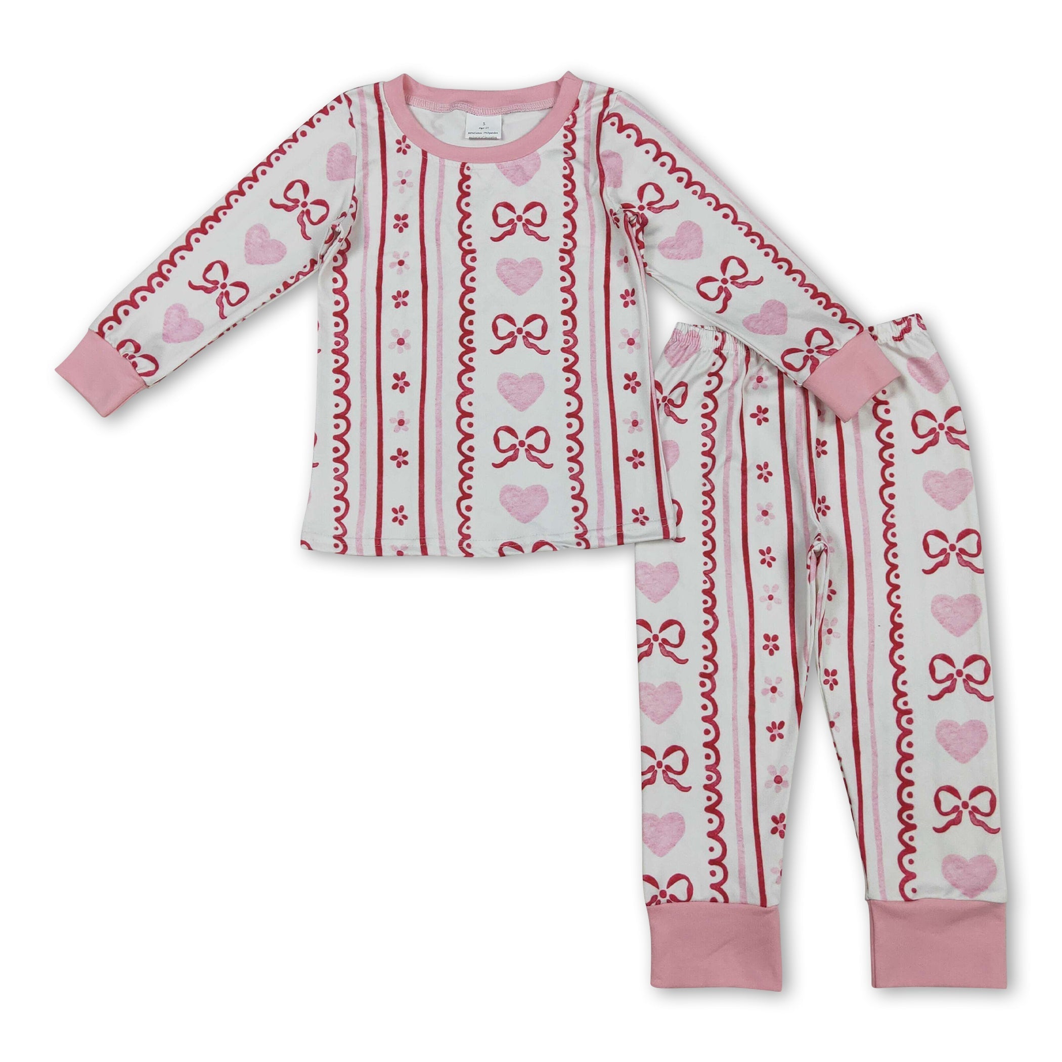 Pink heart bow floral top pants girls Valentine's pajamas