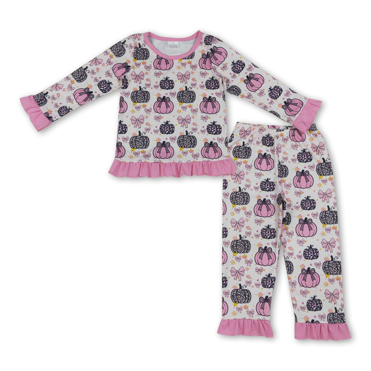 Pink ruffle bow pumpkin kids girls fall pajamas set