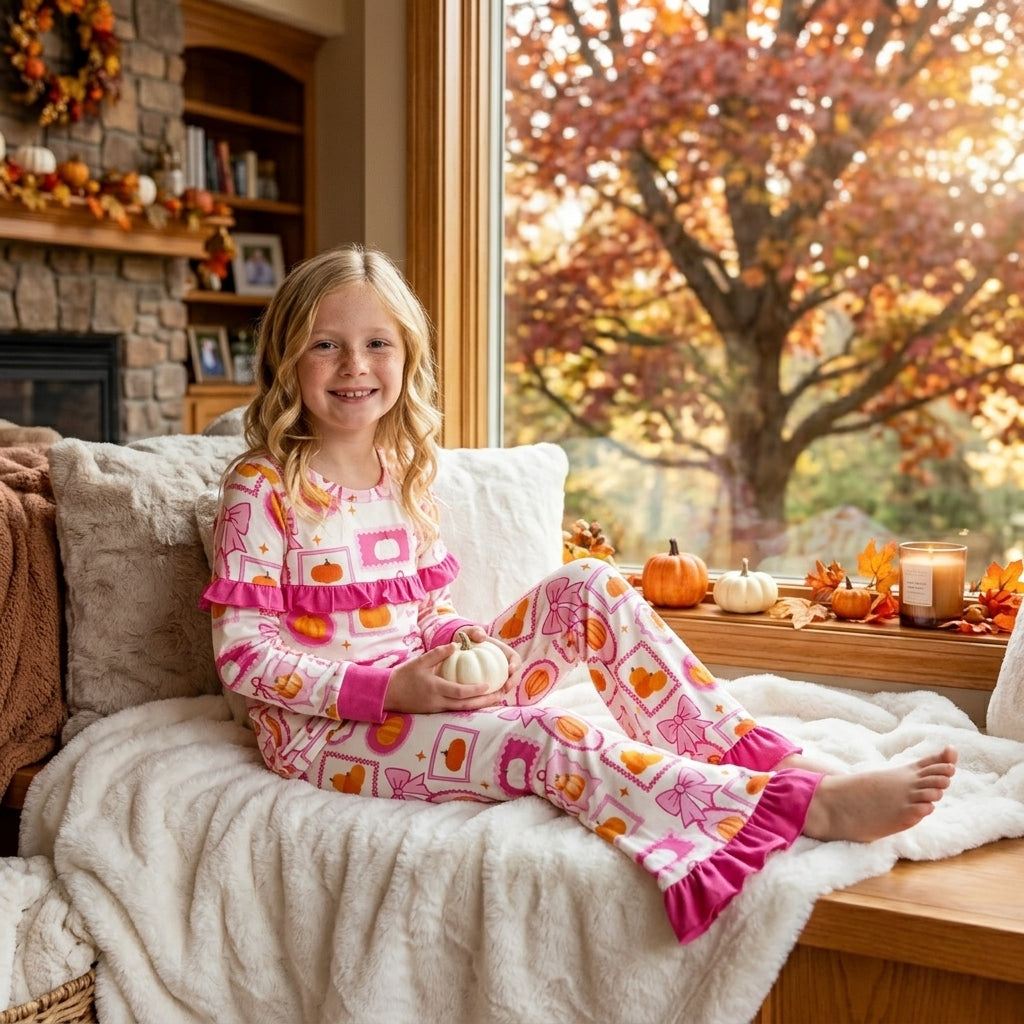 Hot pink ruffle pumpkin bow top pants girls fall outfits