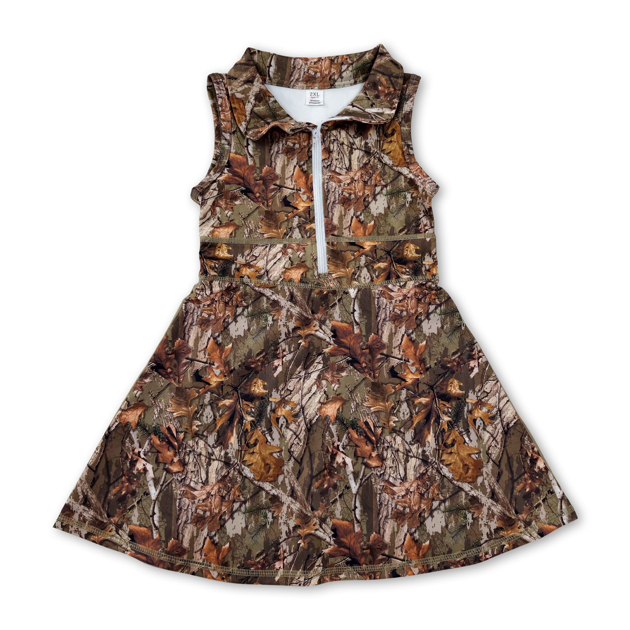 Sleeveless leaves camo zipper kids girls athletic dresses