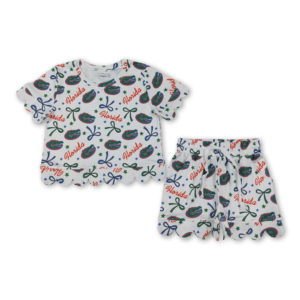 Short sleeves crocodile bow scallop girls team outfits
