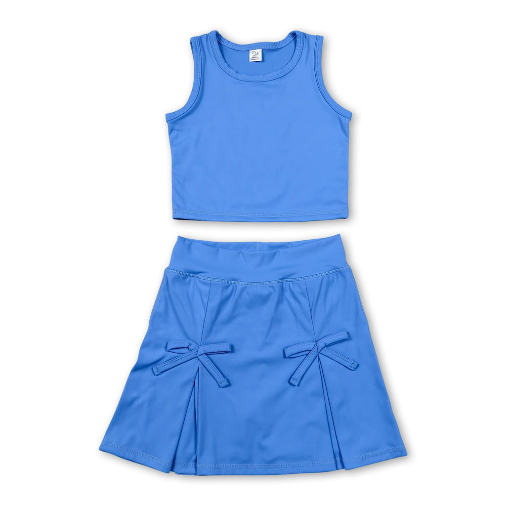 Sleeveless blue crop top bow skirt kids girls summer active set