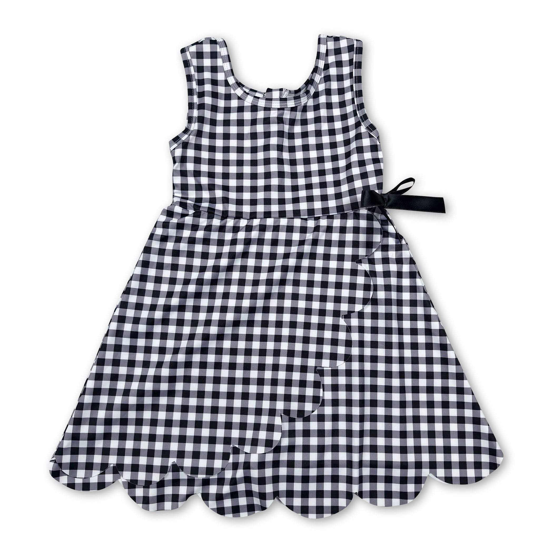 Sleeveless black plaid scallop kids girls athletic dresses