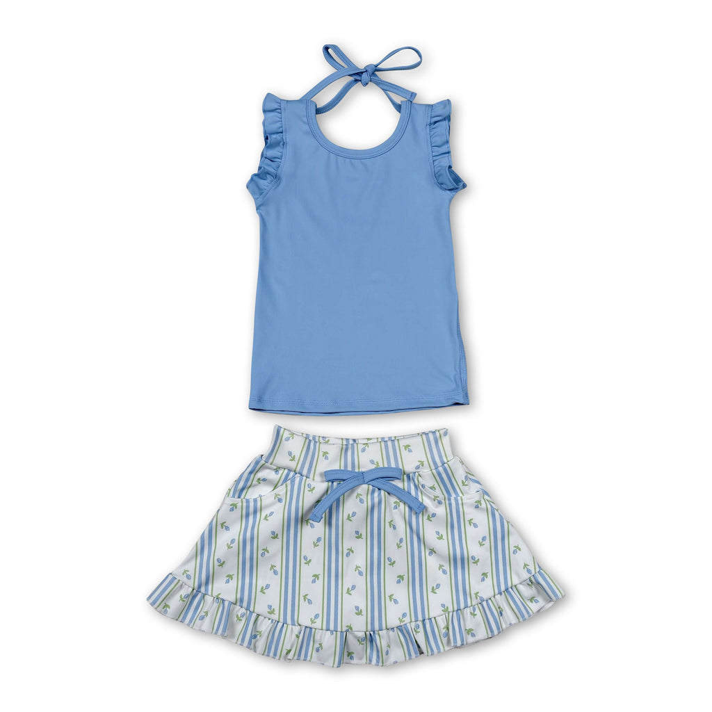 Sleeveless ruffle top floral stripe skirt girls active set