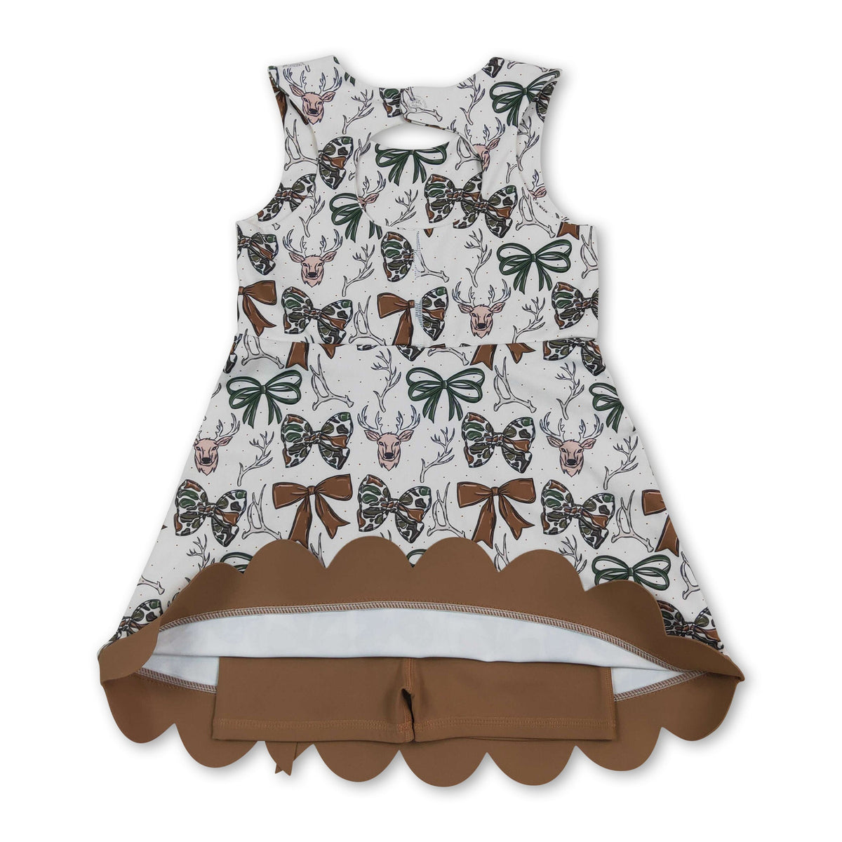 Sleeveless camo bow deer scallop kids girls athletic dress