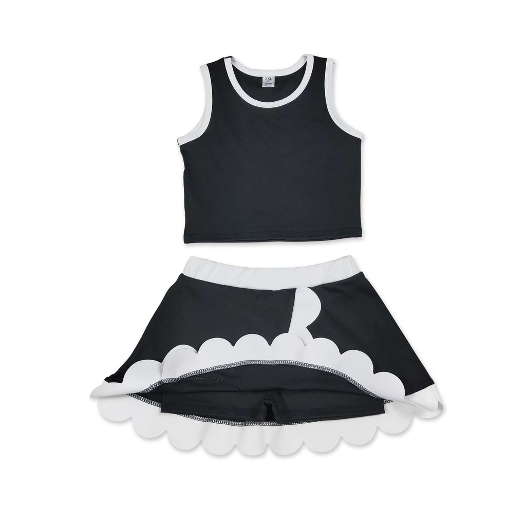 Sleeveless black white scallop kids girls active wear set