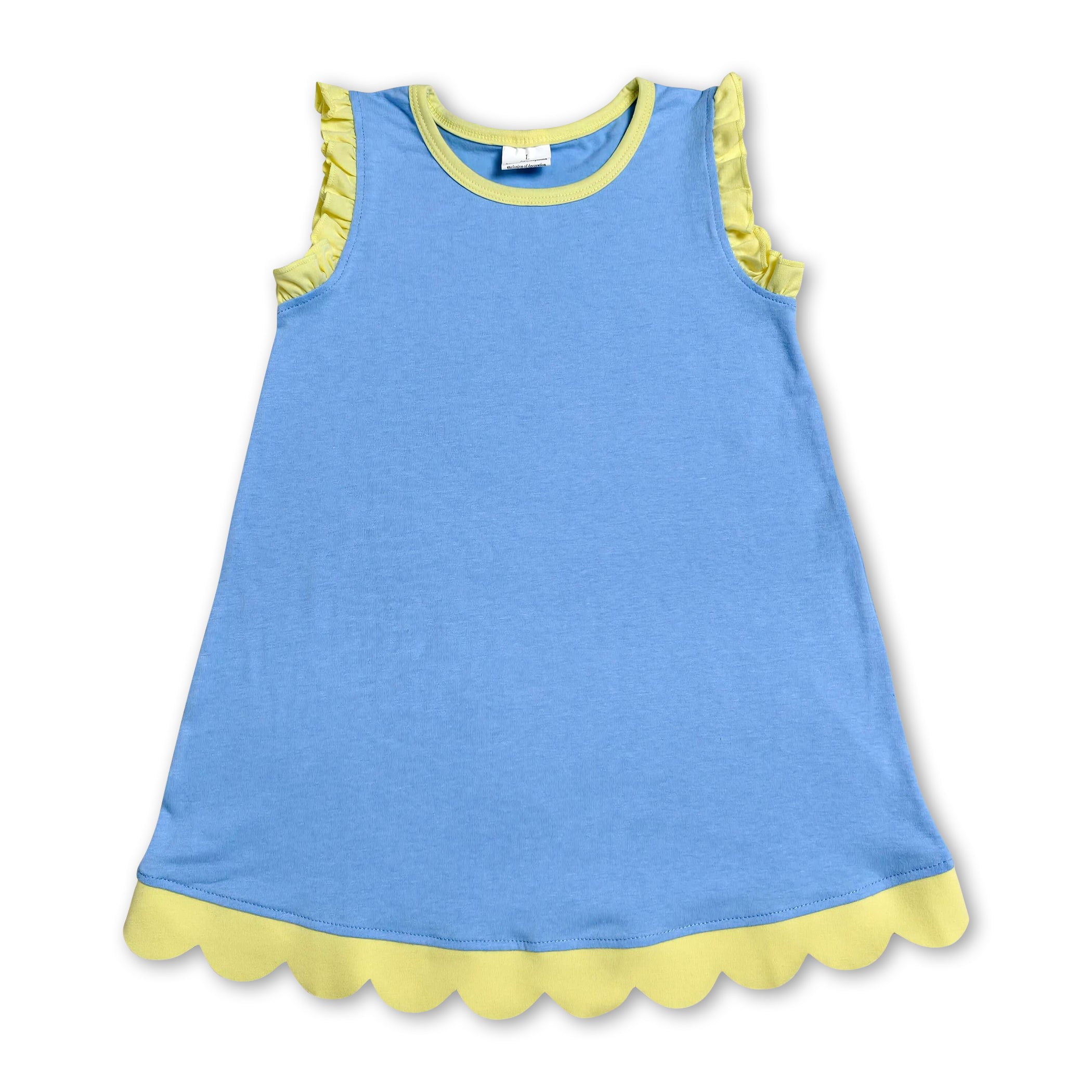 Yellow scallop ruffle sleeveless blue girls cotton dress