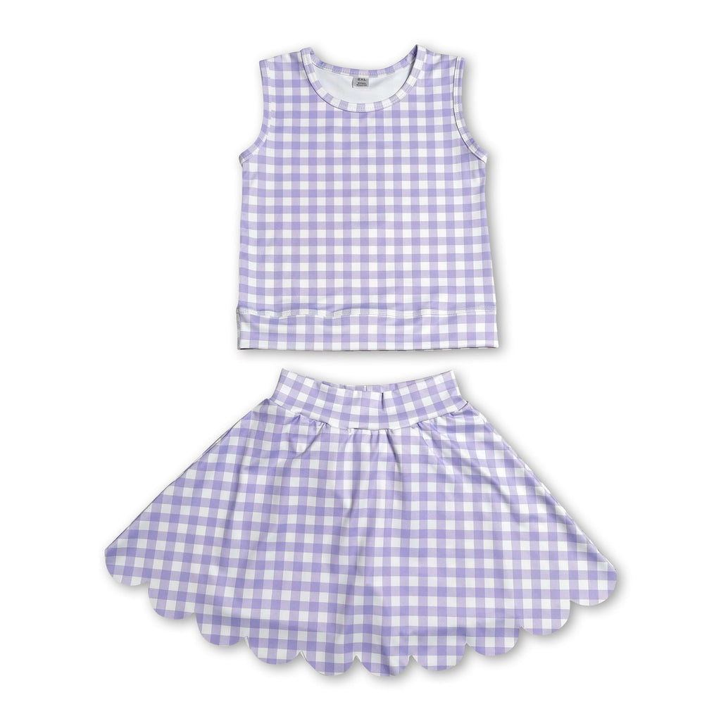 Sleeveless lavender plaid top scallop skirt girls active set