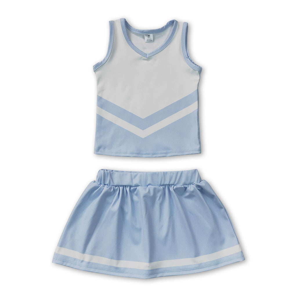 Sleeveless white light blue top skirt girls team cheer active set