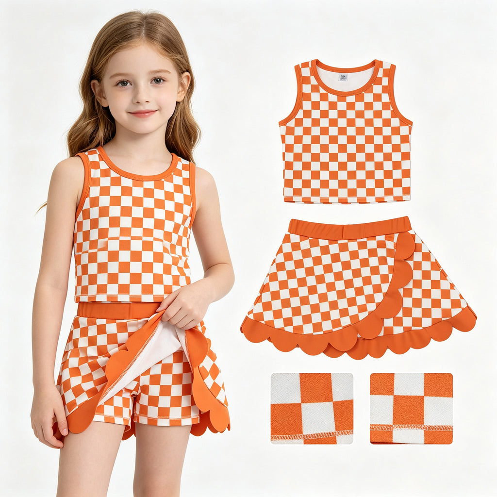 Sleeveless orange plaid scallop girls team active wear set