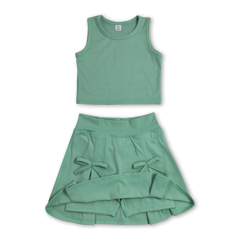 Sleeveless green crop top bow skirt kids girls summer active set