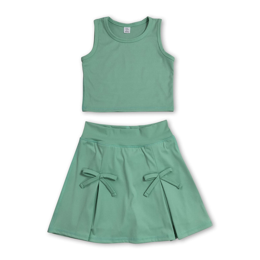 Sleeveless green crop top bow skirt kids girls summer active set