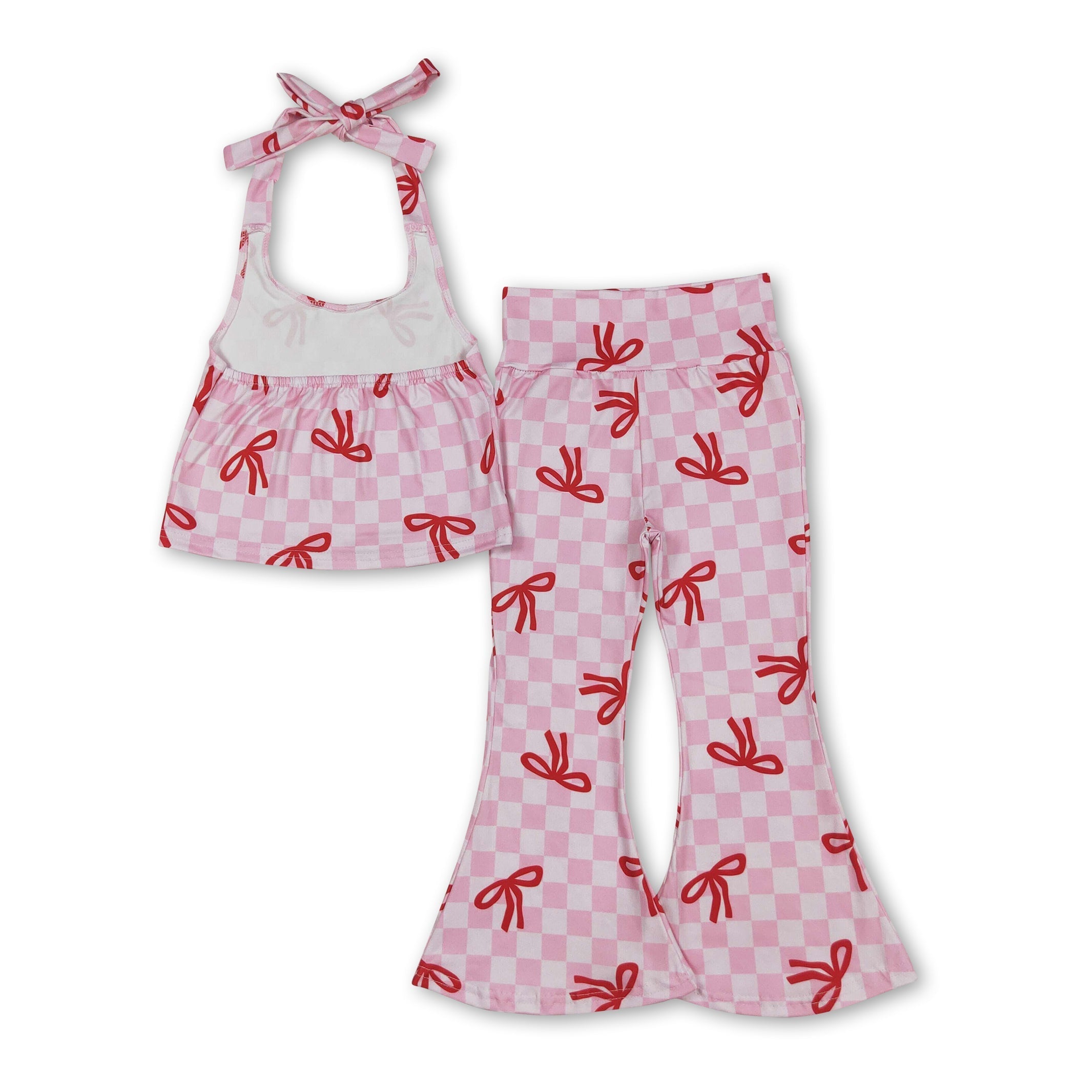 Pink plaid bow halter top bell bottom pants girls clothes