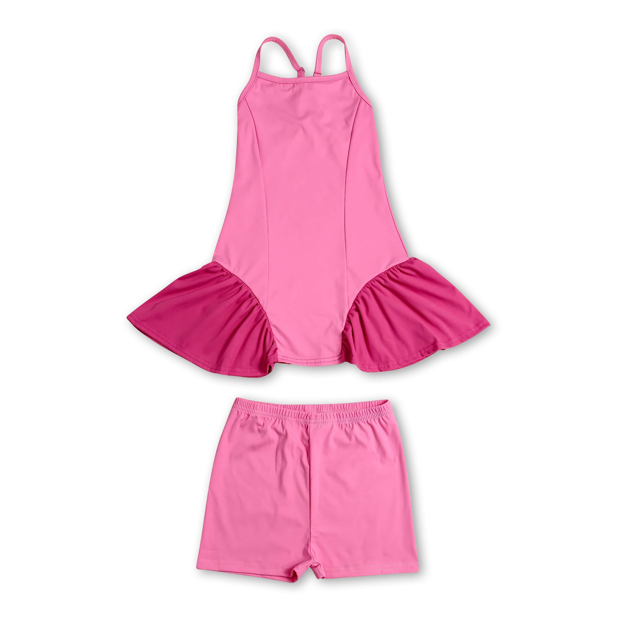 Straps pink patchwork athletic dress shorts girls active set
