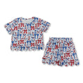 Short sleeves red blue bow scallop girls 4th of july outfits