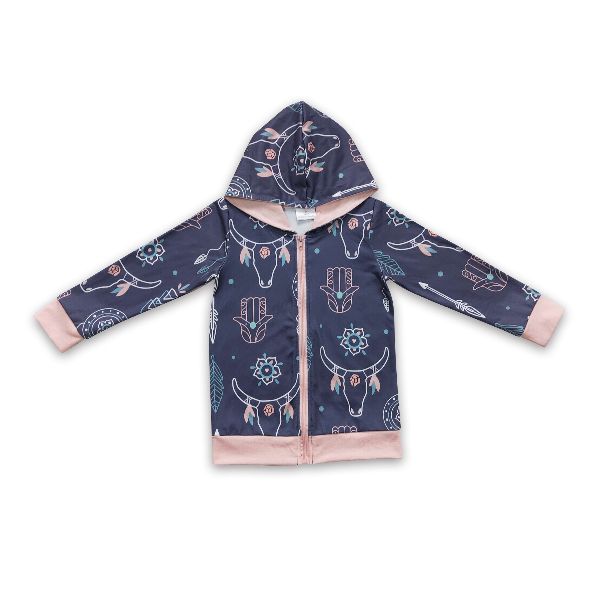 Bull skull feather zipper hoodie girls western jacket